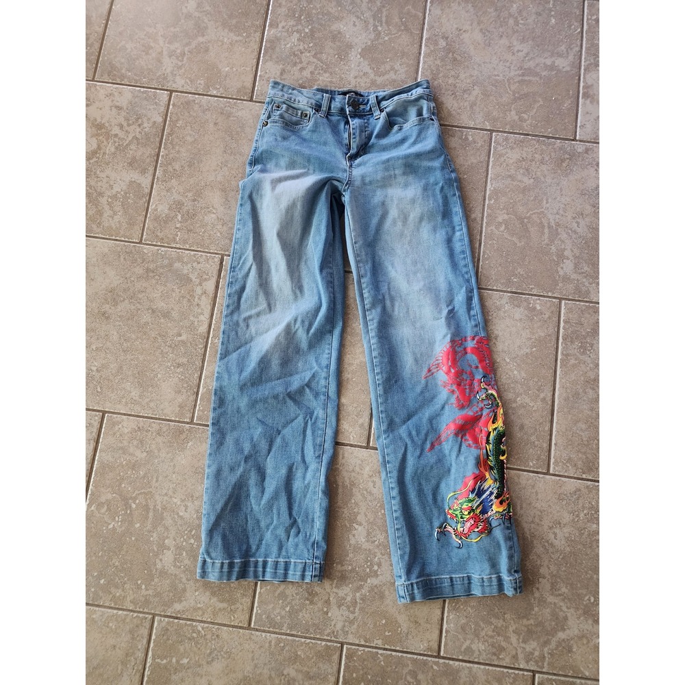 Ed Hardy Denim Womens 26 Wide Leg Dragon Graphic Jeans Light Wash Y2K Streetwear
